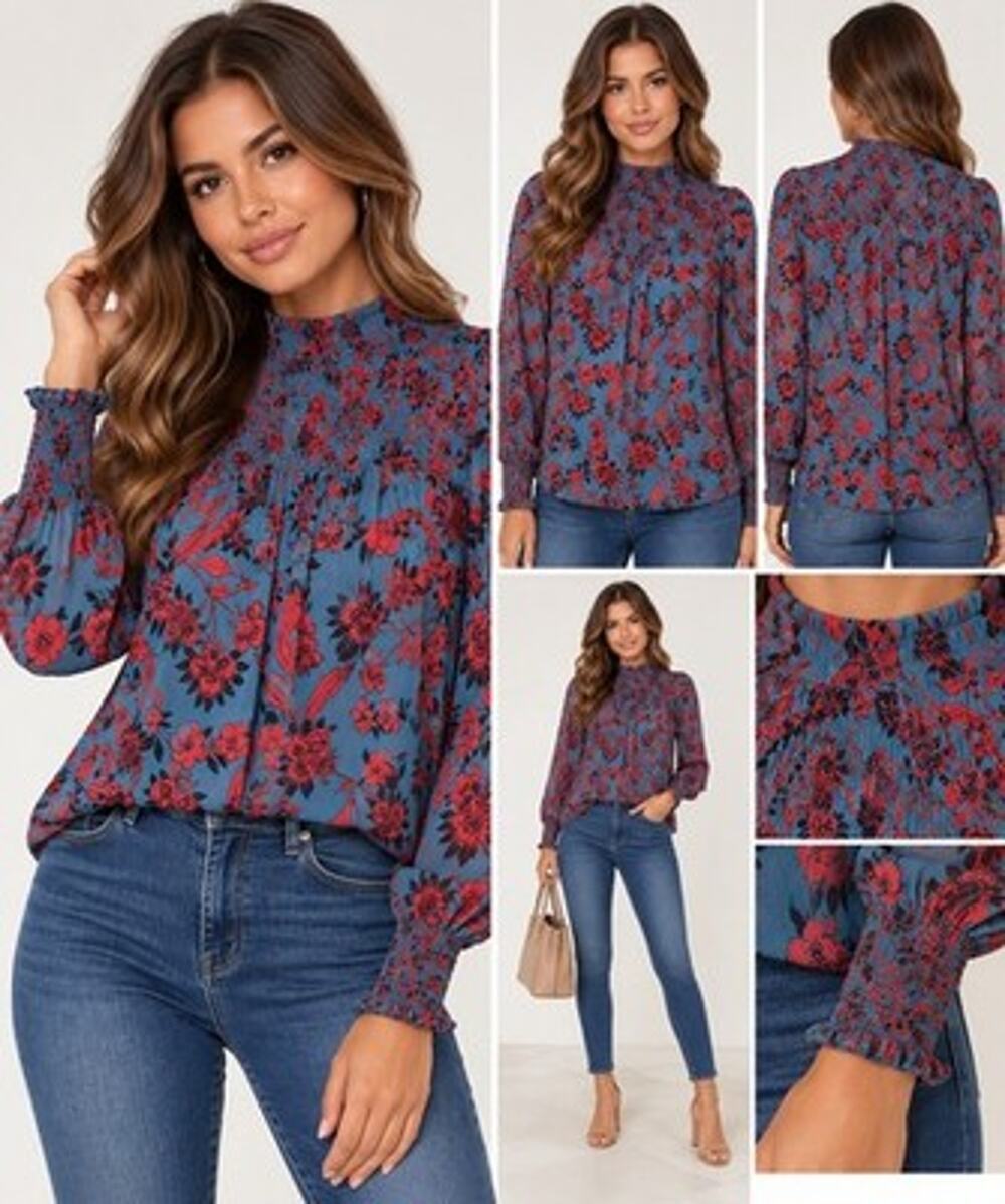 Abercrombie Fitch Women’s M Blue Red Blouse Top Balloon Sleeve Top Boho Romantic